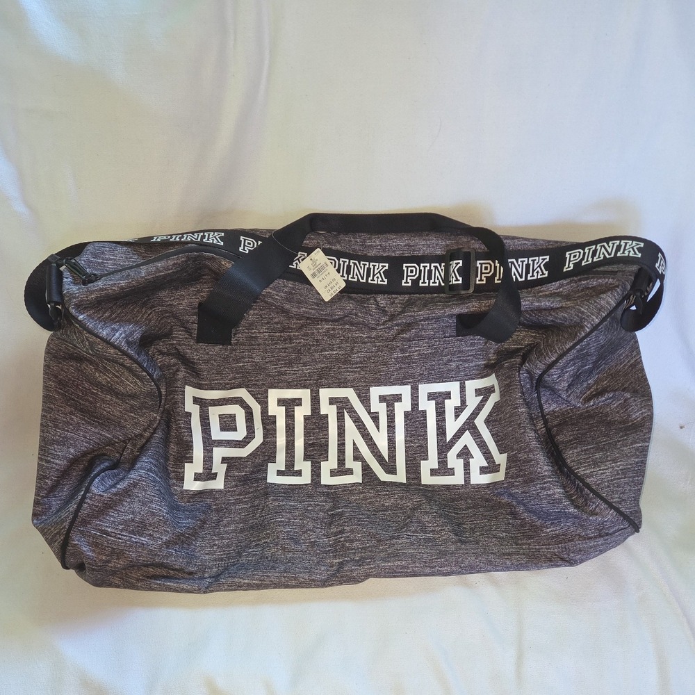 Victoria's Secret PINK Duffle Bag Womens Gray New Logo Weekender Gym Travel